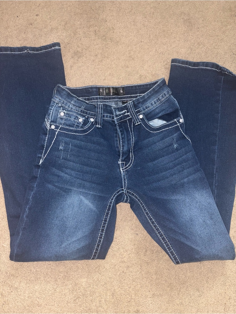 rebels Women's Flare Jeans in Dark Blue with White Stitching